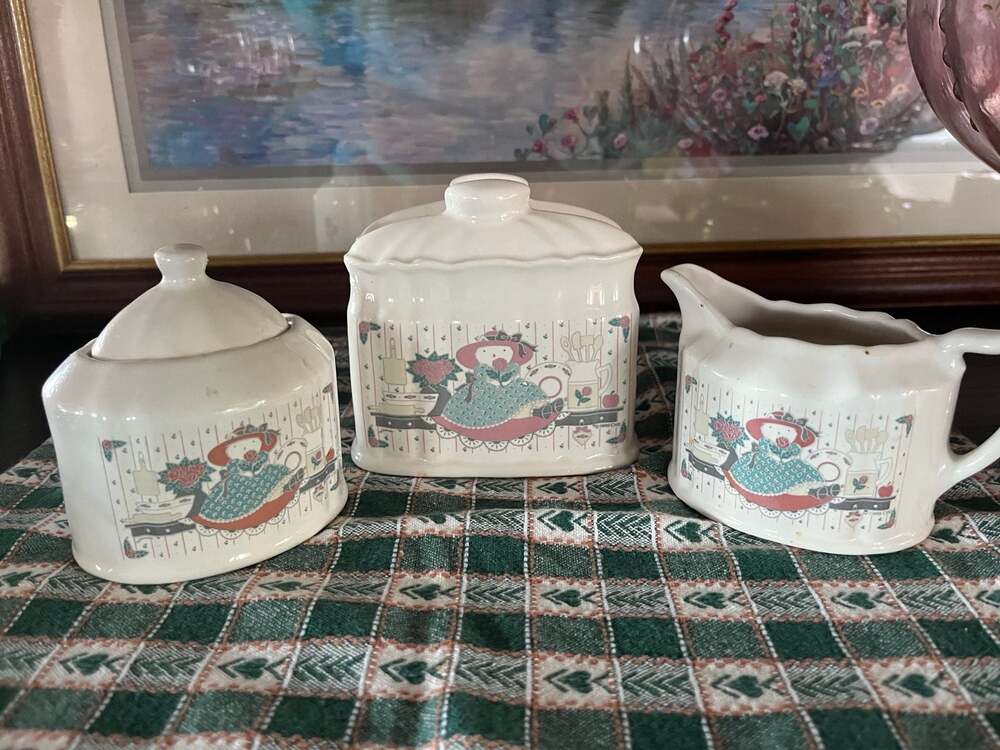 Vintage 1988 CHD Ceramic Kitchen Set: Sugar Bowl, Creamer, and Napkin Holder